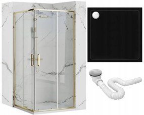 Rea Punto, zuhanykabin tolóajtóval 90 (ajtó) x 90 (ajtó) x 190 cm, 5mm átlátszó üveg, arany fényes profil + fekete Savoy zuhanytálca, KPL-K1440