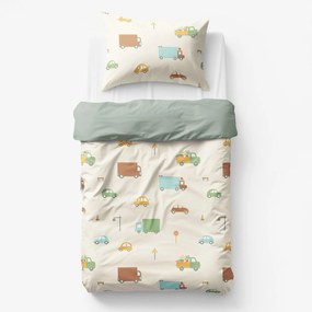 Goldea gyermek pamut ágyneműhuzat duo - az autók világa, zsálya színű hátoldal 140 x 200 és 70 x 90 cm