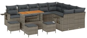 12 Darabos Kerti Kanapé Szett Párnákkal Szürke Poly Rattan Akáccal, 3 Darabos Kerti Étkező Szett Párnákkal Szürke Poly Rattan Akáccal