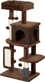 PawHut Macskakaparó Fa 104 cm Magas Macska Fa Macska Torony Platformokkal, Kaparó Oszloppal, Ecsettel, Függő Játék Golyyókkal és Kaparó Paddal - Barna