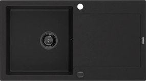 Mexen Leo gránit mosogató 1 medencével, csepegtetővel, 900 x 500 mm, fekete, fekete szifon - 6501901010-77-B