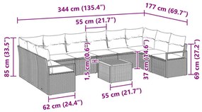 11 Darabos Kerti Kanapé Szett Párnákkal Fekete Poli Rattan Akáccal, 2-Fős Kerti Kanapé Párnákkal Fekete Poli Rattan