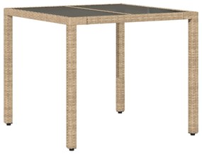 bézs polyrattan üveglapos kerti asztal 90 x 90 x 75 cm