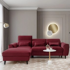 Piros bársony kinyitható-tárolóhelyes sarokkanapé (bal oldali-heverő résszel) Foble – ELTAP