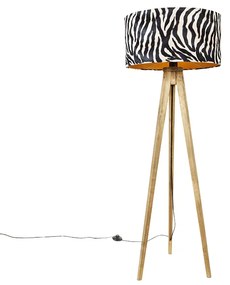 Vintage állólámpa fa árnyékolóval zebra mintával 50 cm - Tripod Classic