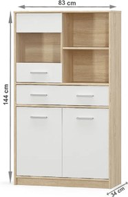 Vitrines szekrény 2D1W1S/80, fehér/tölgy sonoma, TEYO
