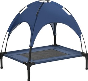 PawHut Felemelkedett Kutyafekhely Napernyővel, Kutyabed, Kültéri Kutyapihenő Tetővel, Lélegző, Taft Szövet Kempinghez Sötétkék 76 x 61 x 73 cm | Aosom