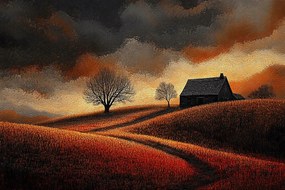 Vászonkép Canvas Tájkép Kilátás Falu Mező Felhők Vihar 120x80