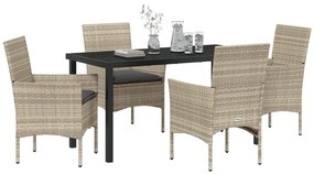 5 Részes Kert Étkezősor Párnákkal Világosszürke Poli Rattan, Kert Asztal Fekete 140x80x73 cm Edzett Üveg
