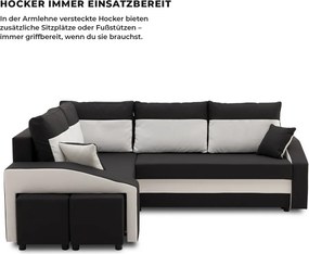 Grande sarokkanapé polcokkal és puffokkal , polc a jobb karfaban puffok a bal karfaban, baloldali, szövet anyag, bonell töltet, fekete - fehér