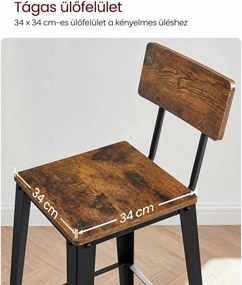 2 db-os bárszék készlet háttámlával és lábtartóval, 74 cm ülésmagasság, 136 kg teherbírás, vintage barna és fekete