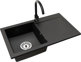 Gránit mosogató szifonnal és csepegtető felülettel, univerzális, fekete, 75,2x43,6, NOEL