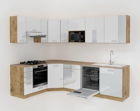 Malorca Korona tölgy - Magasfényű fehér sarok konyhabútor 180 cm x 270 cm