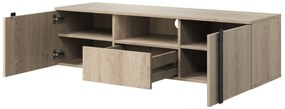 Verica 150 cm-es TV-szekrény, falra szerelhető, nyitott polccal - szivacsos-tölgy / fekete fogantyúk