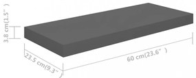 2 db magasfényű szürke MDF lebegő fali polc 60 x 23,5 x 3,8 cm