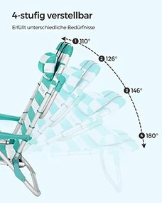 Strandszék, összecsukható kempingszék, hordozható kültéri szék, állítható háttámlával, zöld és fehér