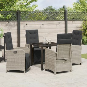 5 részes kerti étkezőszett párnákkal világosszürke poli rattan, kerti asztal fekete 80x80x73 cm edzett üveggel