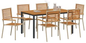 7 darabos kerti étkező szett Bézs poli rattan akácia, Egymásra rakható kerti szék párnákkal - 2 darabos készlet Bézs poli rattanban, Kerti asztal 150x90x75 cm Szilárd akácia fa és fém
