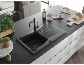 Mexen Cesar, 1 kamrás gránit mosogató 775x470x190 mm és mosogató csaptelep Carla, fekete, 6514-77-670700-70-B