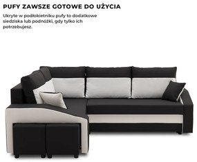 Grande sarokkanapé polcokkal és puffokkal , polc a jobb karfaban puffok a bal karfaban, baloldali, szövet anyag, bonell töltet, fekete - fehér