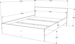 Pietro II NEW Kétszemélyes 140x200 bútor szett Adormo 15 cm matraccal és 2 éjjeliszekrénnyel – sonoma N
