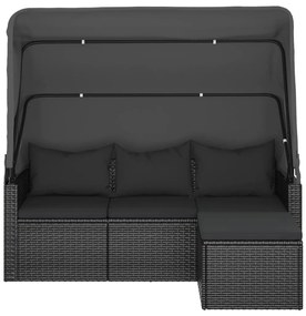 3-személyes fekete polyrattan kanapé tetővel és lábtartóval