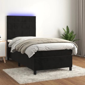 fekete bársony rugós és LED-es ágy matraccal 90x190 cm
