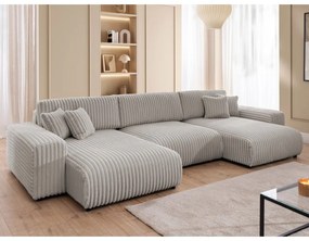 Világosszürke kordbársony kinyitható-tárolóhelyes (U alakú) sarokkanapé Sarina – Ropez