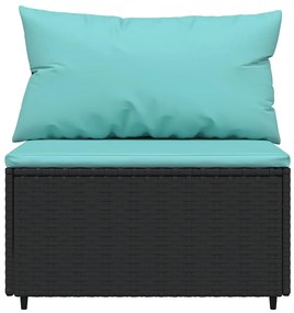 Fekete polyrattan kerti középső kanapé párnákkal
