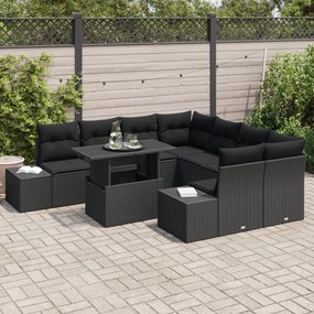 Kerti Kanapé Szett 9-es Szett Fekete Rattan, Poliészter, Üveg