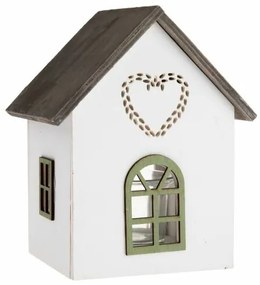 Házikó szívvel fa gyertyatartó üveggel, 15 cm, zöld