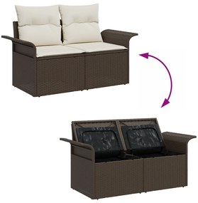 7 részes kerti kanapé szett párnákkal, barna poli rattan, 2 személyes kerti kanapé tárolóval és párnákkal, barna poli rattan
