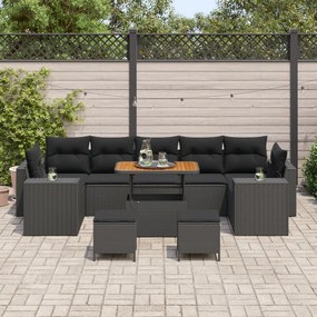 10 Darabos Kerti Sofa Szett Párnákkal, Fekete Poli Rattan Akáciával, 3 Darabos Kerti Étkező Szett Párnákkal, Fekete Poli Rattan Akáciával