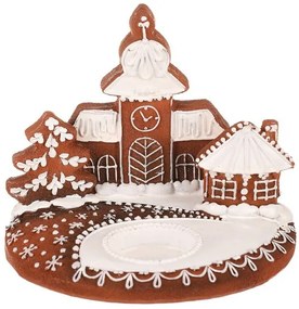 Gingerbread candle holder with church - polyresin,brown and white