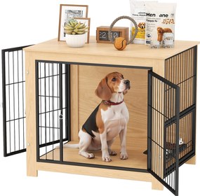 PawHut Modern Kutyaketrec Oldaltábla Háziállat Ház 2 Ajtóval Forgatható Állvánnyal és 2 Tálkával Közepes Kutyák számára 80x60x68 cm Tölgy | Aosom