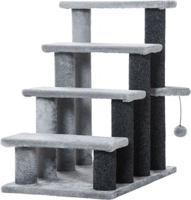 PawHut Macska Lépcső 4-Lépcsős Háziállat Lépcső Kaparóoszlopokkal, Játékfallal, Kutyás Lépcső, Macskák Számára 5 kg-ig, Plüss Juta Szürke 60 x 40 x 64