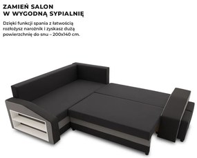 Grande sarokkanapé polcokkal és puffokkal , polc a bal karfaban puffok a jobb karfaban, baloldali, szövet anyag, hab töltet, fekete - szürke