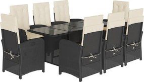 vidaXL 9 részes fekete polyrattan kerti étkezőgarnitúra párnákkal