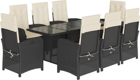 vidaXL 9 részes fekete polyrattan kerti étkezőgarnitúra párnákkal