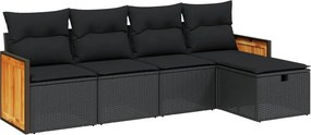 vidaXL 5 részes fekete polyrattan kerti kanapészett párnákkal