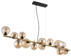 Globo 56135-13H Függeszték fém matt fekete, fém matt sárgaréz, üveg borostyán, kábel PVC átlátszó, HxSzxM: 1200x345x1200mm, üveg átmérő: 6x10cm, 5x12cm, 2x15 cm, benne 13x G9 LED 3.5W 230V, 350lm forrás, 290lm kimenet, 3000K,