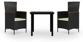 vidaXL 3 részes fekete kerti étkezőgarnitúra párnákkal