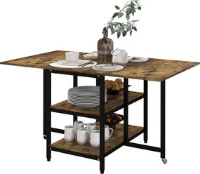 HOMCOM Kihúzható Összecsukható Étkezőasztal Téglalap alakú Mobil Konyhai Asztal 2-6 Személynek 2 Nyitott Polccal 140cm x 80cm x 75cm Rusztikus Barna |