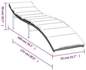 világosszürke polyrattan napozóágy párnával 55x199x50 cm