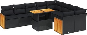 vidaXL 10 részes fekete polyrattan kerti ülőgarnitúra párnákkal