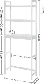 WC-polc, 3 szintes bambusz fürdőszobai polc,, 63 x 163 x 26 cm, fehér