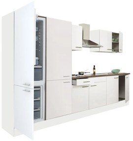 Yorki 330 konyhabútor fehér korpusz,selyemfényű fehér fronttal polcos szekrénnyel és alulfagyasztós hűtős szekrénnyel