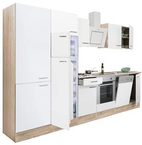 Yorki 340 konyhabútor sonoma tölgy korpusz,selyemfényű fehér front alsó sütős elemmel polcos szekrénnyel és felülfagyasztós hűtős szekrénnyel