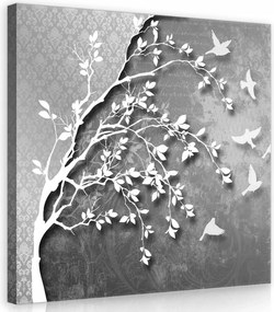 Vászonkép 40x40 Grafikus minimalizmus Fa madarak és modernitás szürke