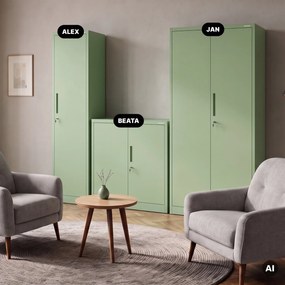 Keskeny fém irodai iratszekrény, pasztellzöld, 450x1850x400 mm: ALEX Fresh Style